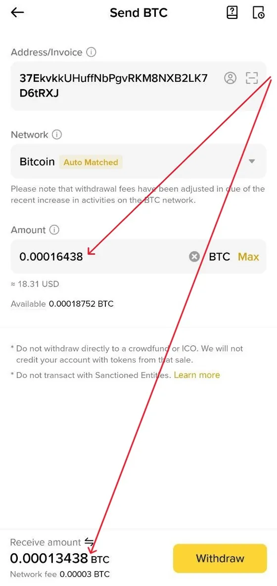 Binance: withdrawal with the fee included