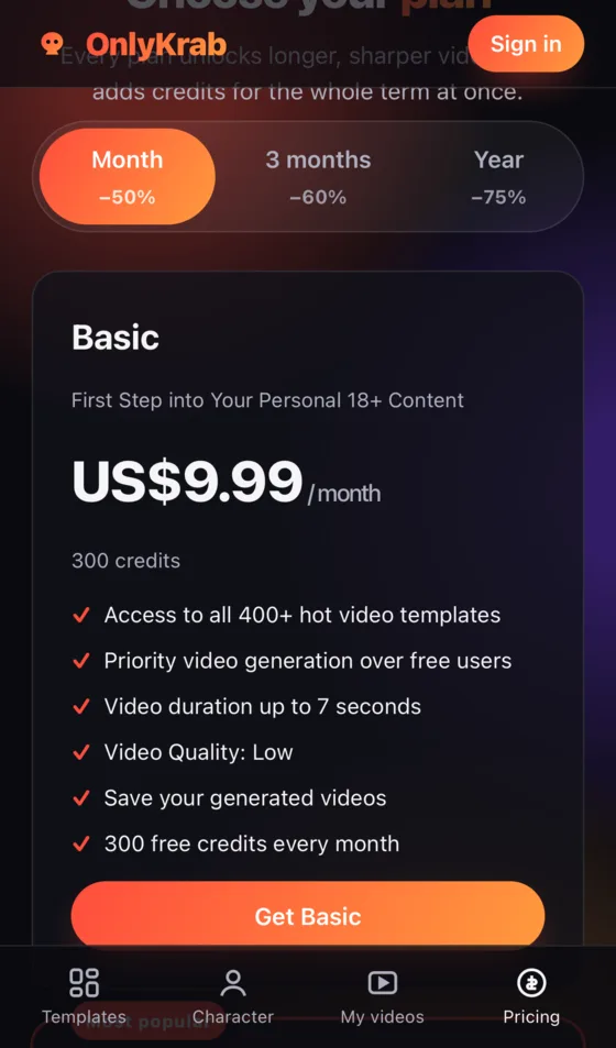 Choosing a plan on the Pricing page