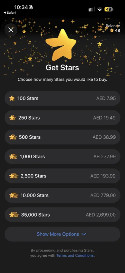 Telegram: choosing how many Stars to buy